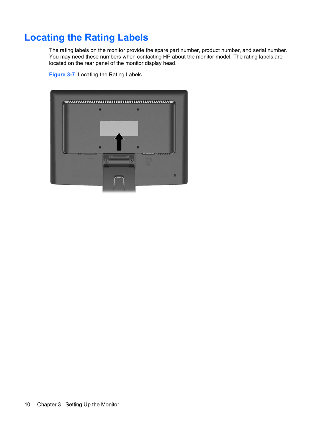 HP w15e manual 7Locating the Rating Labels Setting Up the Monitor 