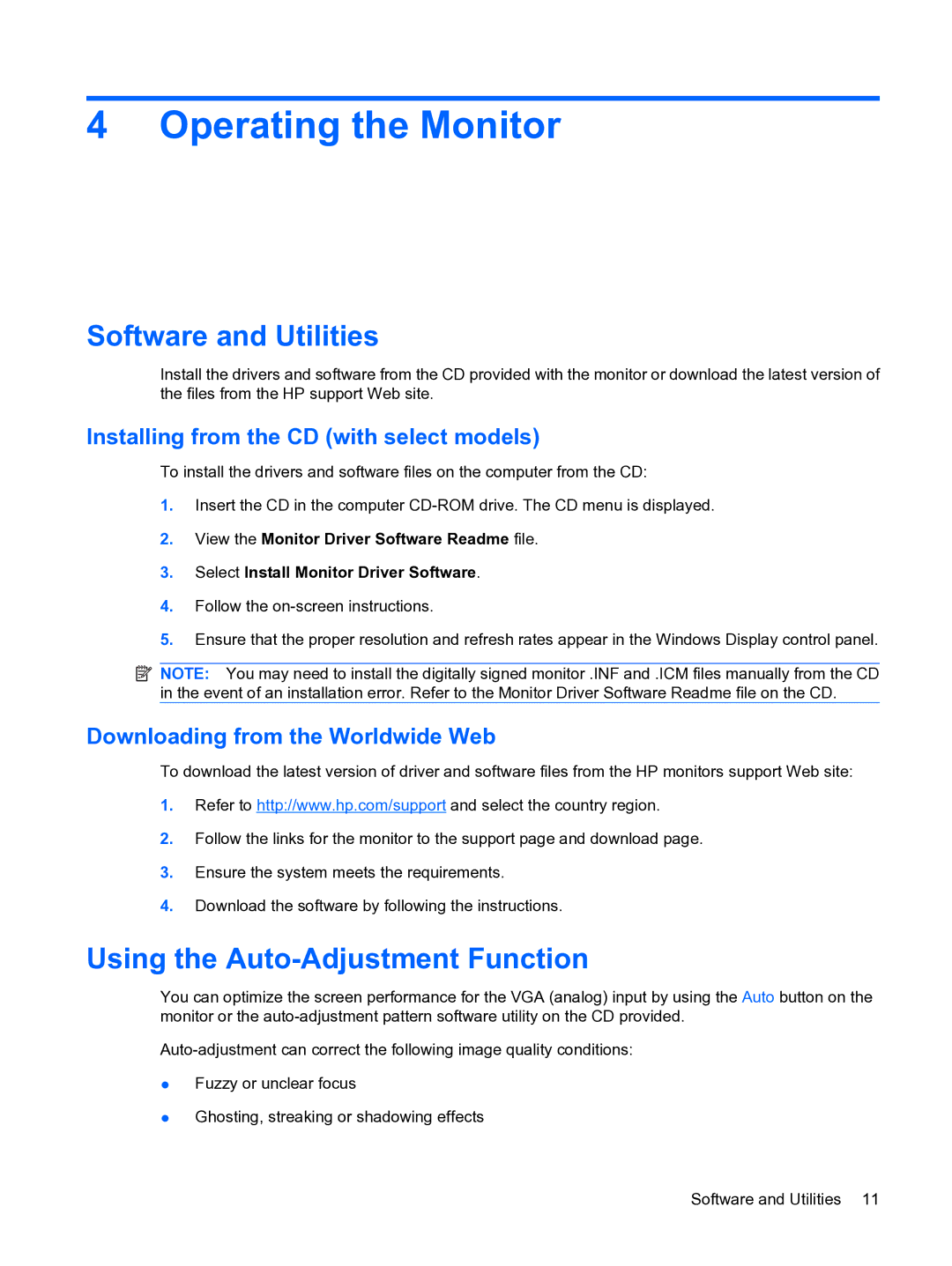 HP w15e manual Operating the Monitor, Software and Utilities, Using the Auto-Adjustment Function 