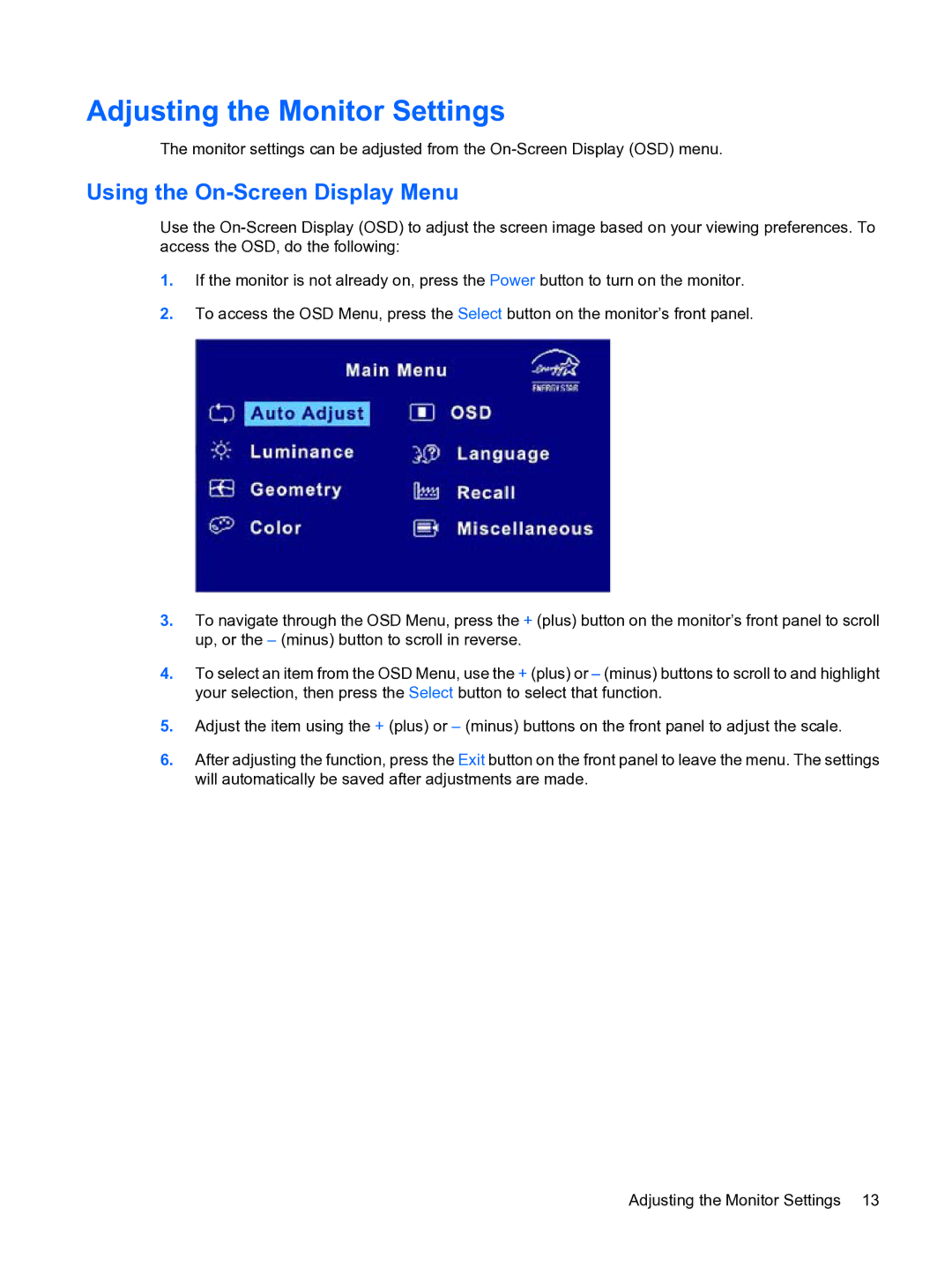 HP w15e manual Adjusting the Monitor Settings, Using the On-Screen Display Menu 