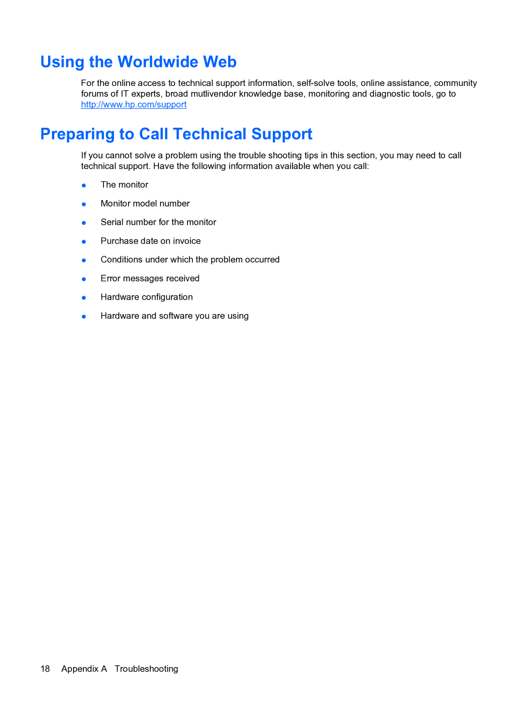 HP w15e manual Using the Worldwide Web Preparing to Call Technical Support 