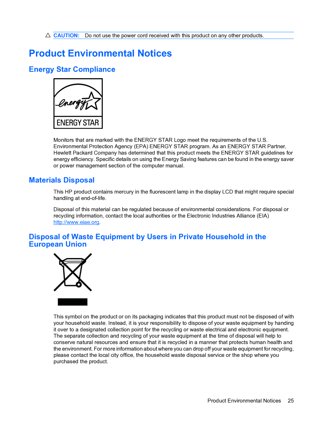 HP w15e manual Product Environmental Notices, Energy Star Compliance, Materials Disposal 