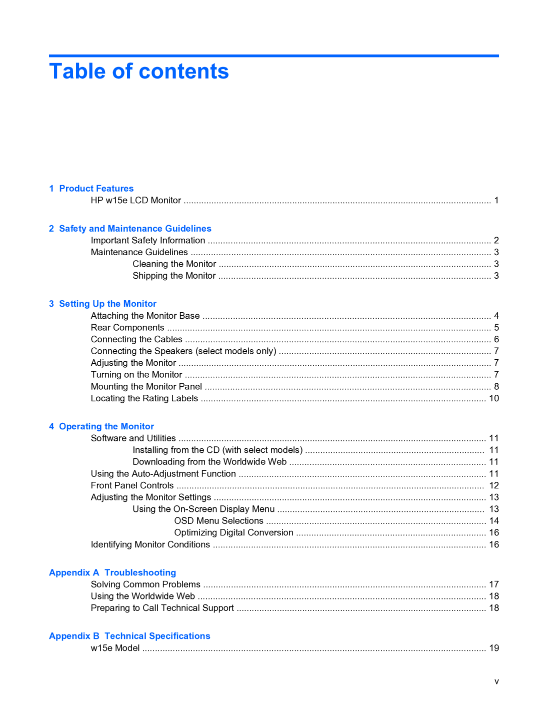 HP w15e manual Table of contents 