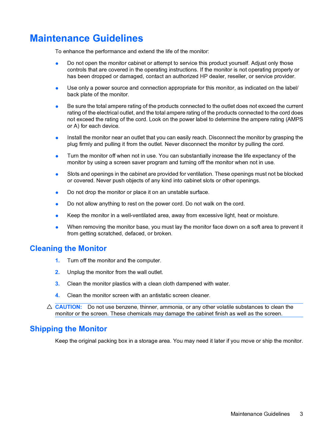 HP w15e manual Maintenance Guidelines, Cleaning the Monitor, Shipping the Monitor 