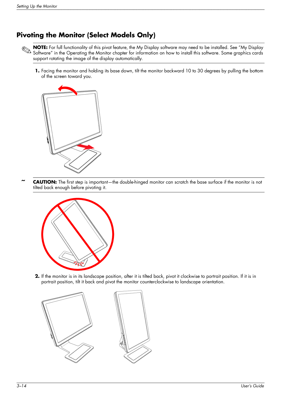 HP w1707 manual Pivoting the Monitor Select Models Only 