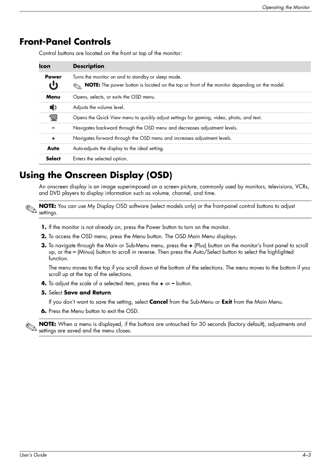 HP w1707 manual Front-Panel Controls, Using the Onscreen Display OSD 