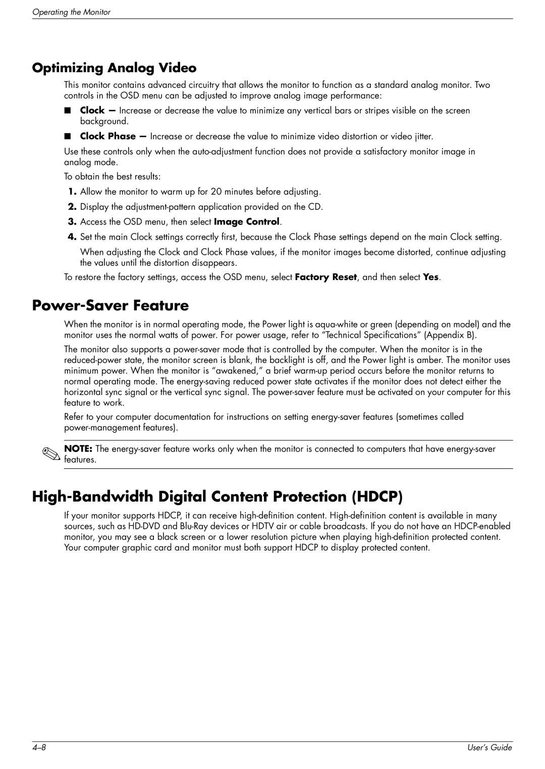 HP w1707 manual Power-Saver Feature, High-Bandwidth Digital Content Protection Hdcp, Optimizing Analog Video 