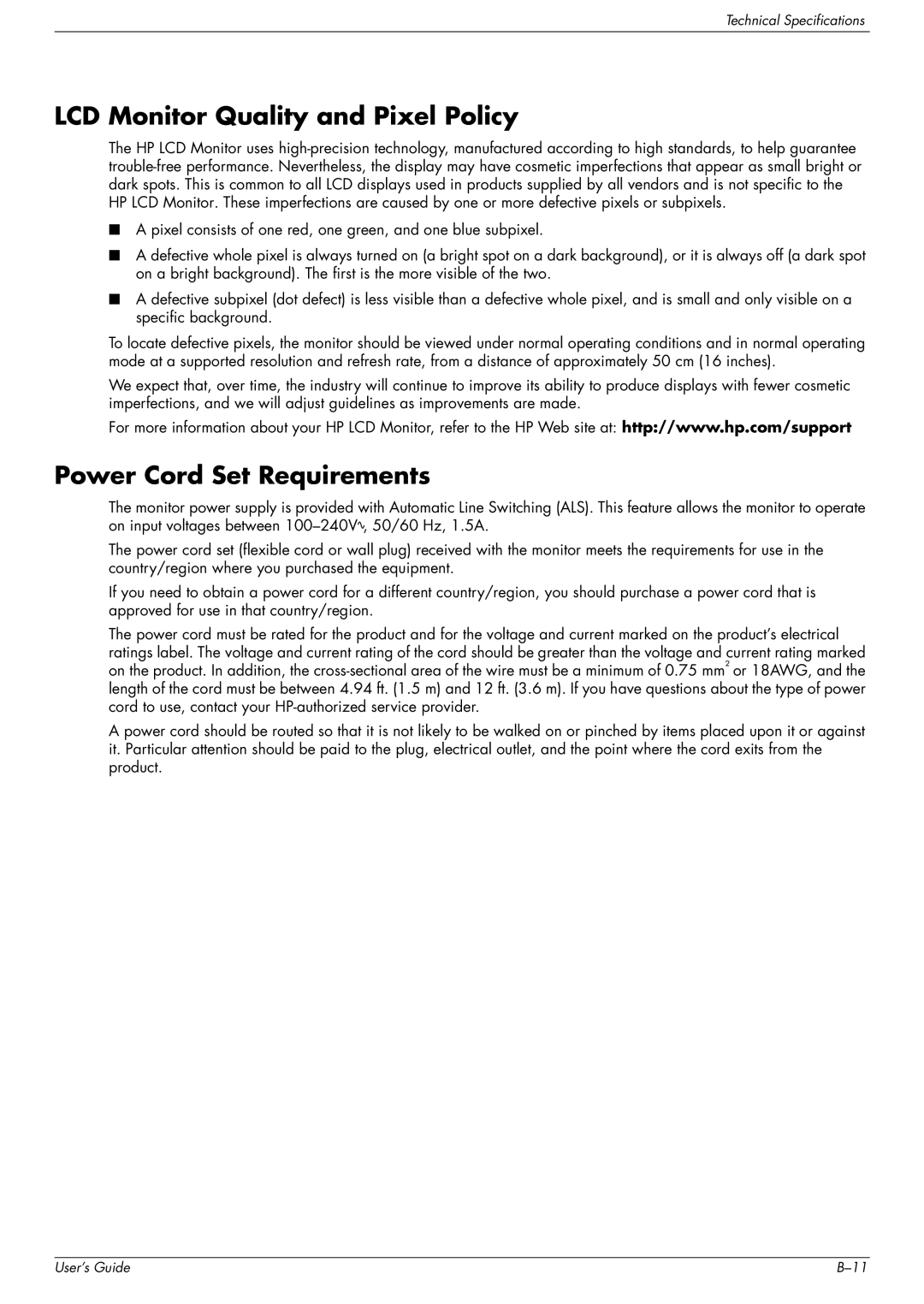 HP w1707 manual LCD Monitor Quality and Pixel Policy, Power Cord Set Requirements 