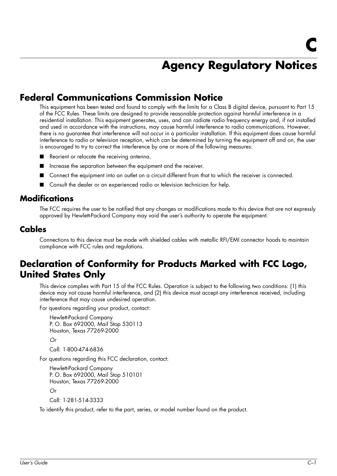 HP w1707 manual Agency Regulatory Notices, Federal Communications Commission Notice, Modifications, Cables 