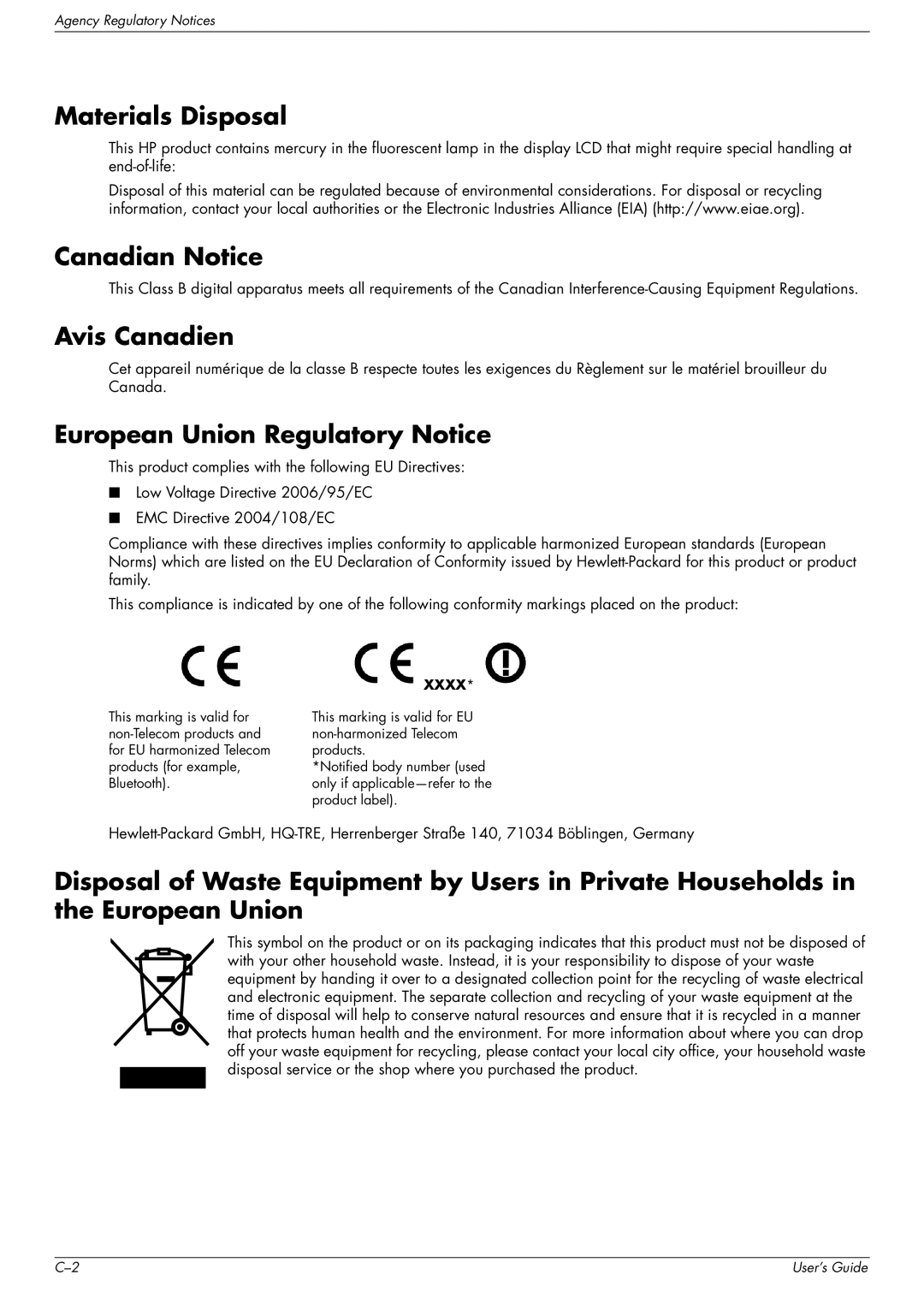 HP w1707 manual Materials Disposal, Canadian Notice, Avis Canadien, European Union Regulatory Notice 