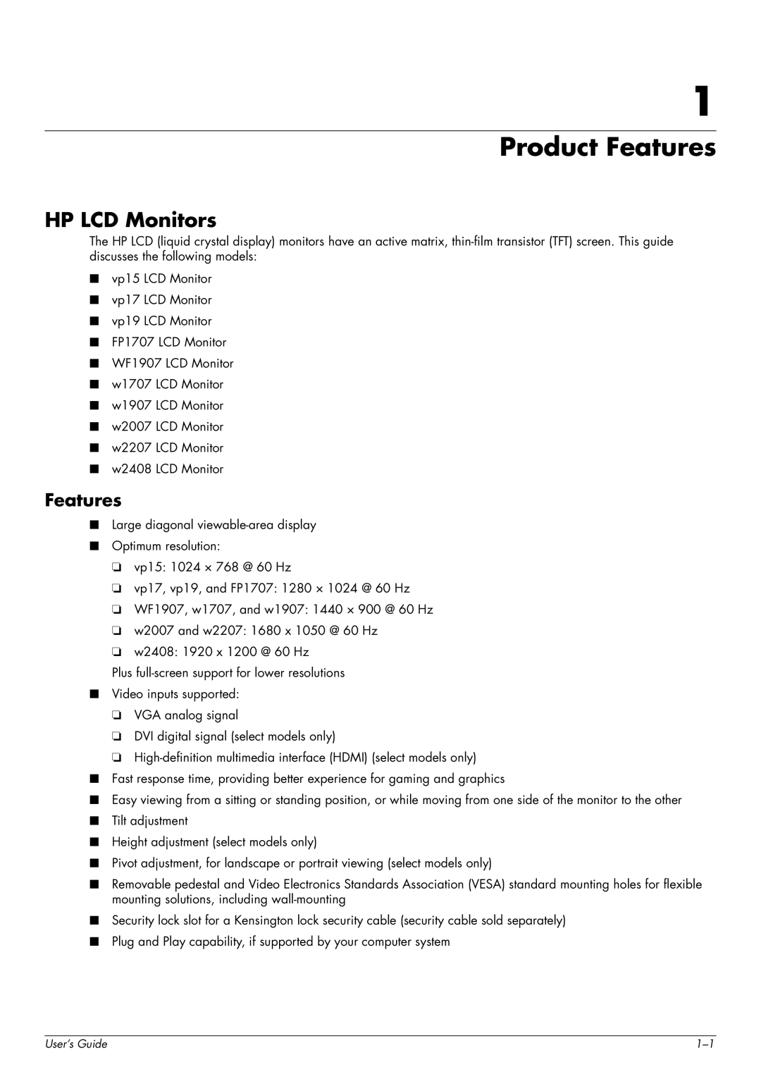 HP w1707 manual Product Features, HP LCD Monitors 