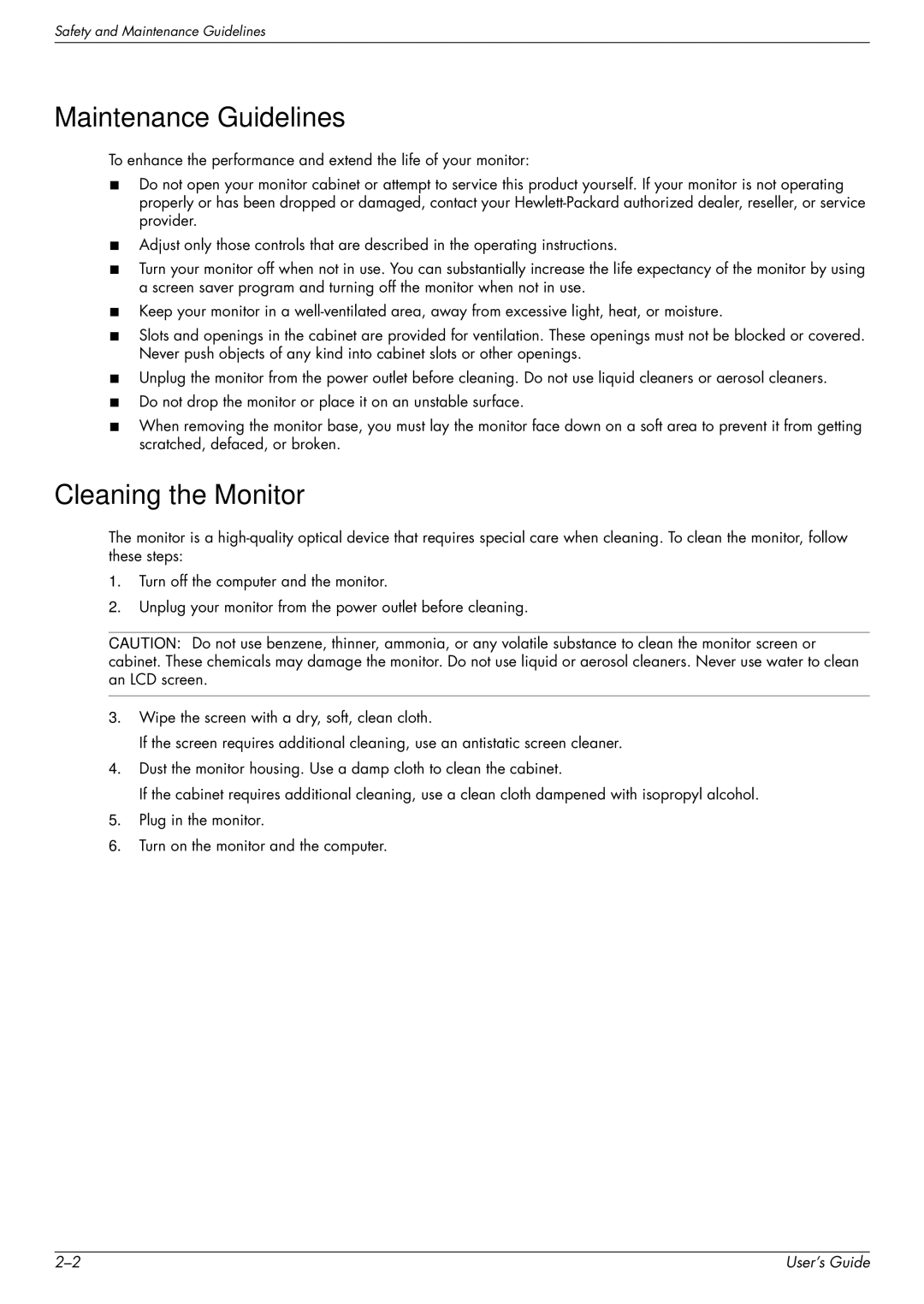 HP w1858 18.5-inch manual Maintenance Guidelines, Cleaning the Monitor 