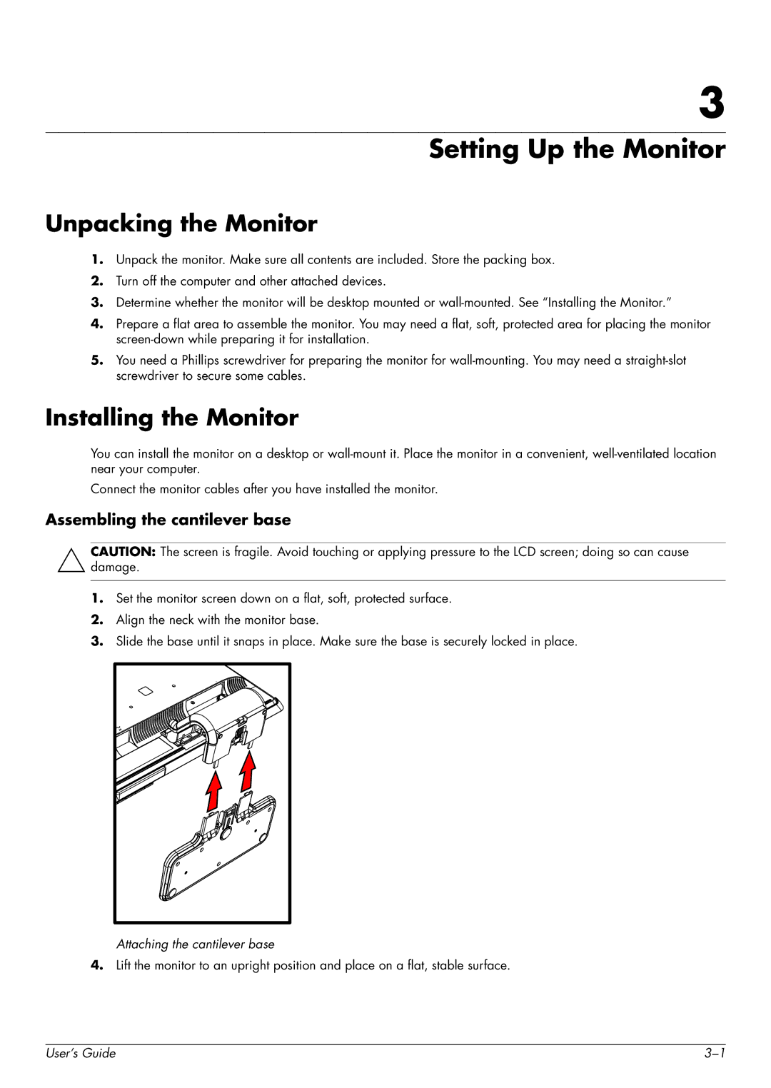 HP w1858 18.5-inch Setting Up the Monitor, Unpacking the Monitor, Installing the Monitor, Assembling the cantilever base 