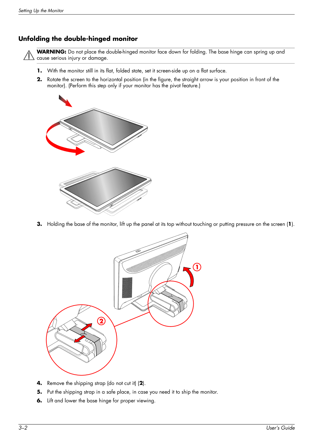 HP w1858 18.5-inch manual Unfolding the double-hinged monitor 