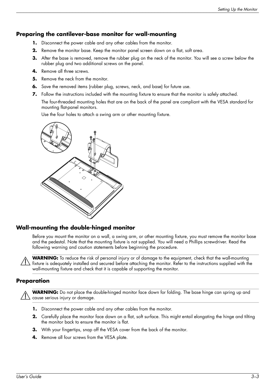 HP w1858 18.5-inch manual Preparing the cantilever-base monitor for wall-mounting, Wall-mounting the double-hinged monitor 