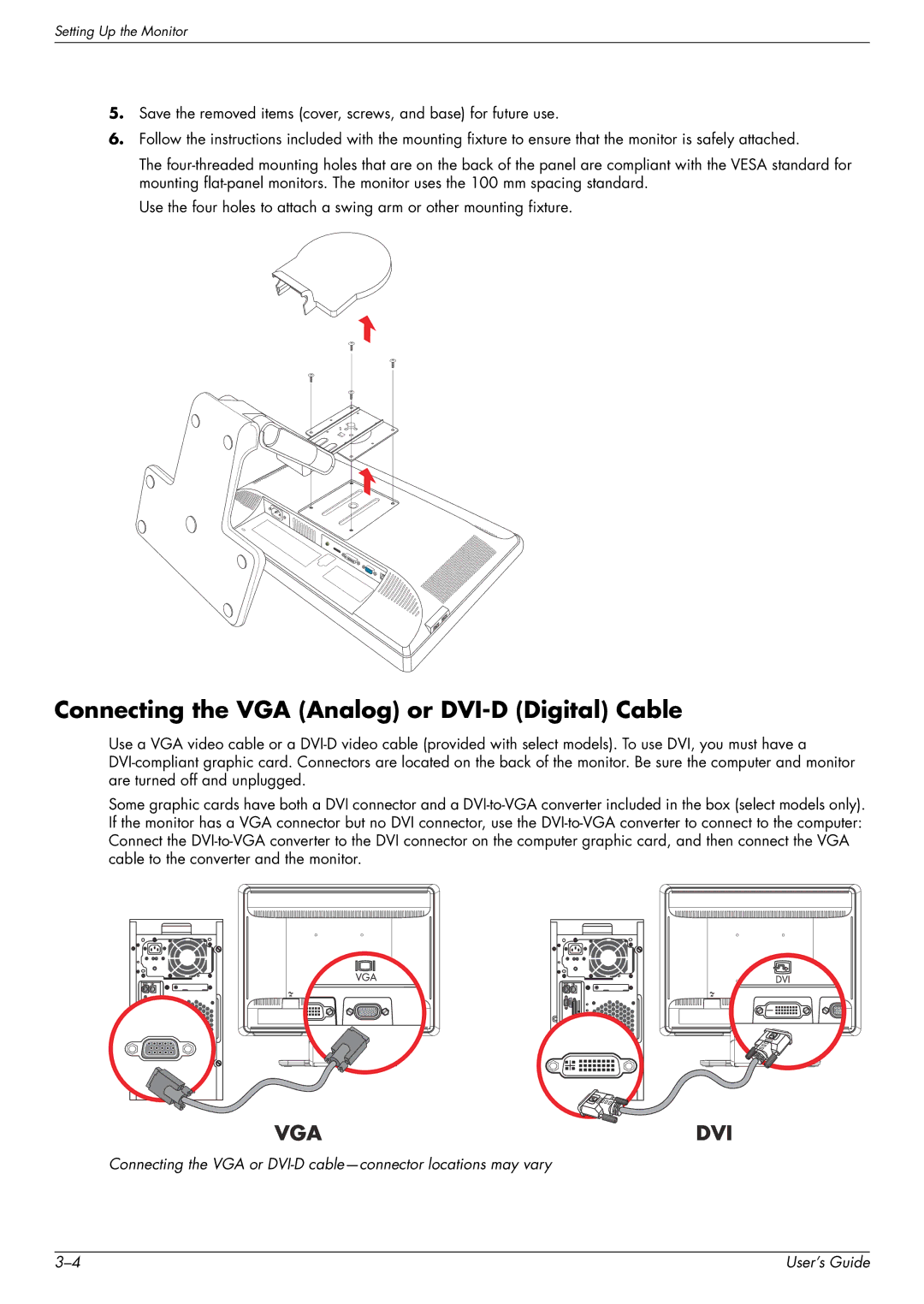 HP w1858 18.5-inch manual Connecting the VGA Analog or DVI-D Digital Cable 