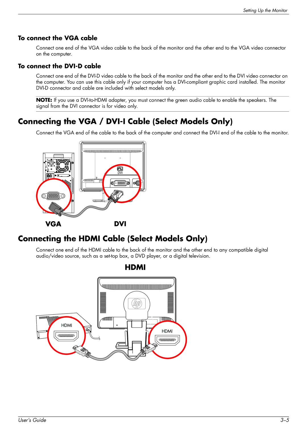 HP w1858 18.5-inch manual Connecting the VGA / DVI-I Cable Select Models Only, Connecting the Hdmi Cable Select Models Only 