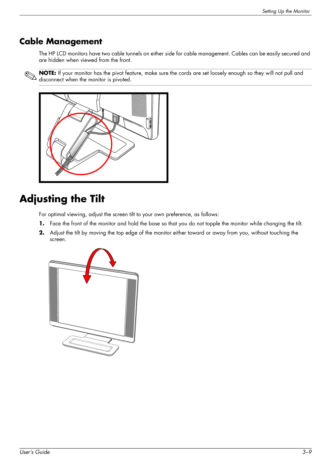 HP w1858 18.5-inch manual Adjusting the Tilt, Cable Management 