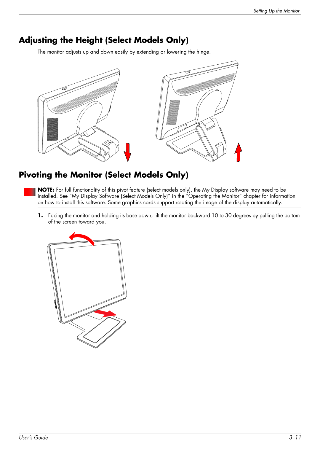 HP w1858 18.5-inch manual Adjusting the Height Select Models Only, Pivoting the Monitor Select Models Only 