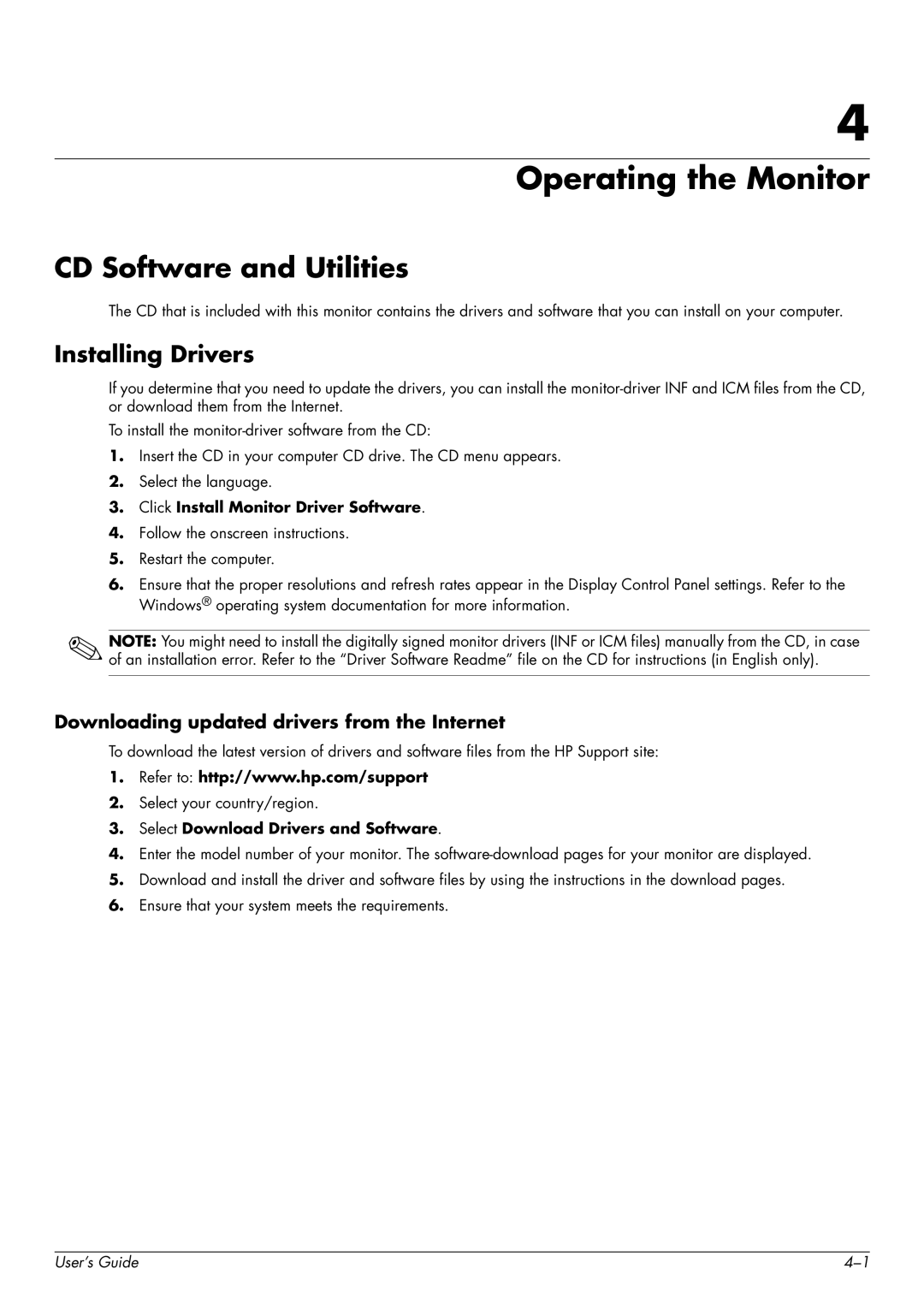 HP w1858 18.5-inch manual Operating the Monitor, CD Software and Utilities, Installing Drivers 