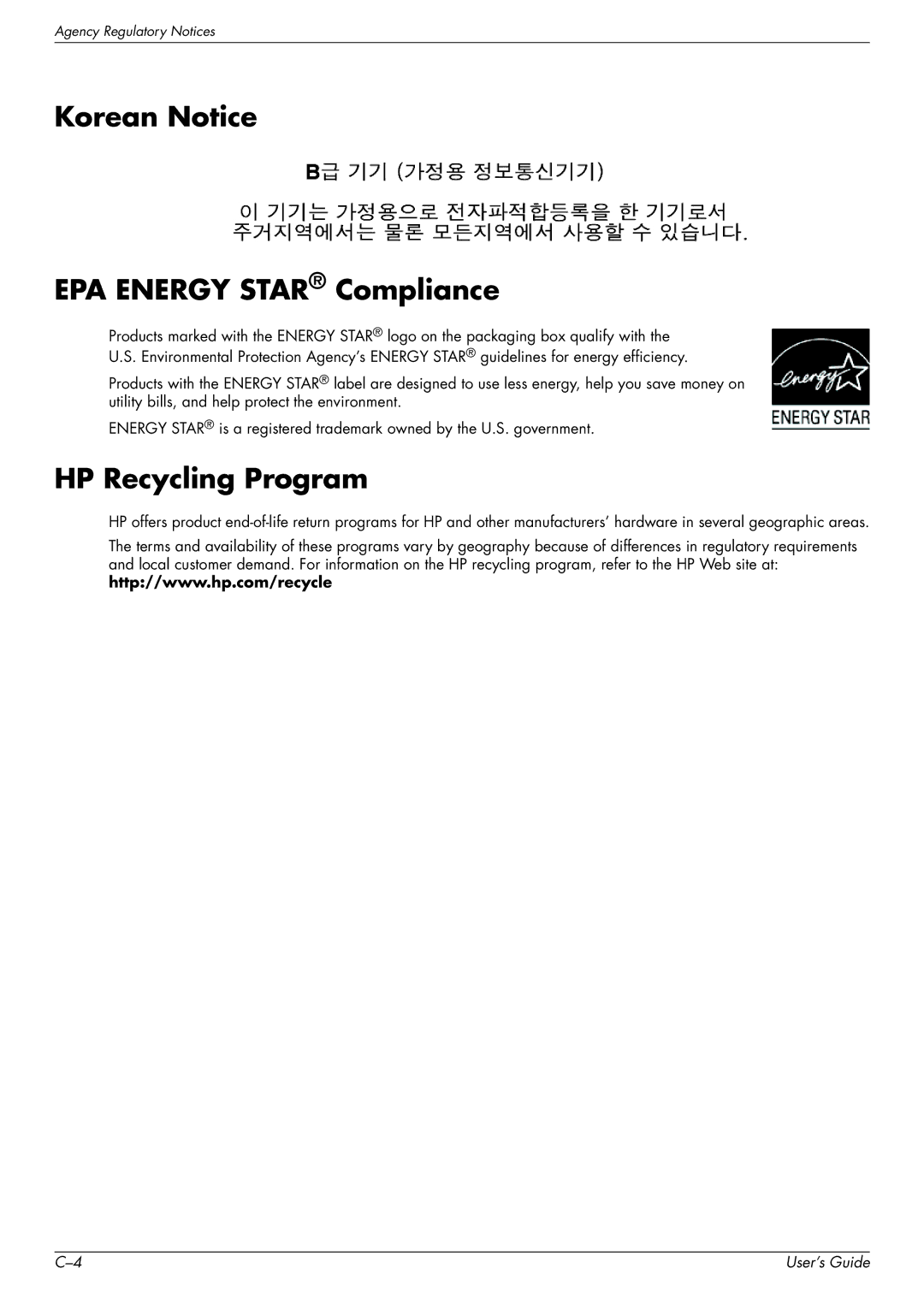 HP w1858 18.5-inch manual Korean Notice EPA Energy Star Compliance, HP Recycling Program 