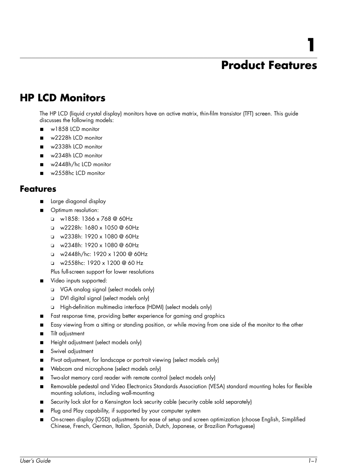 HP w1858 18.5-inch manual Product Features, HP LCD Monitors 