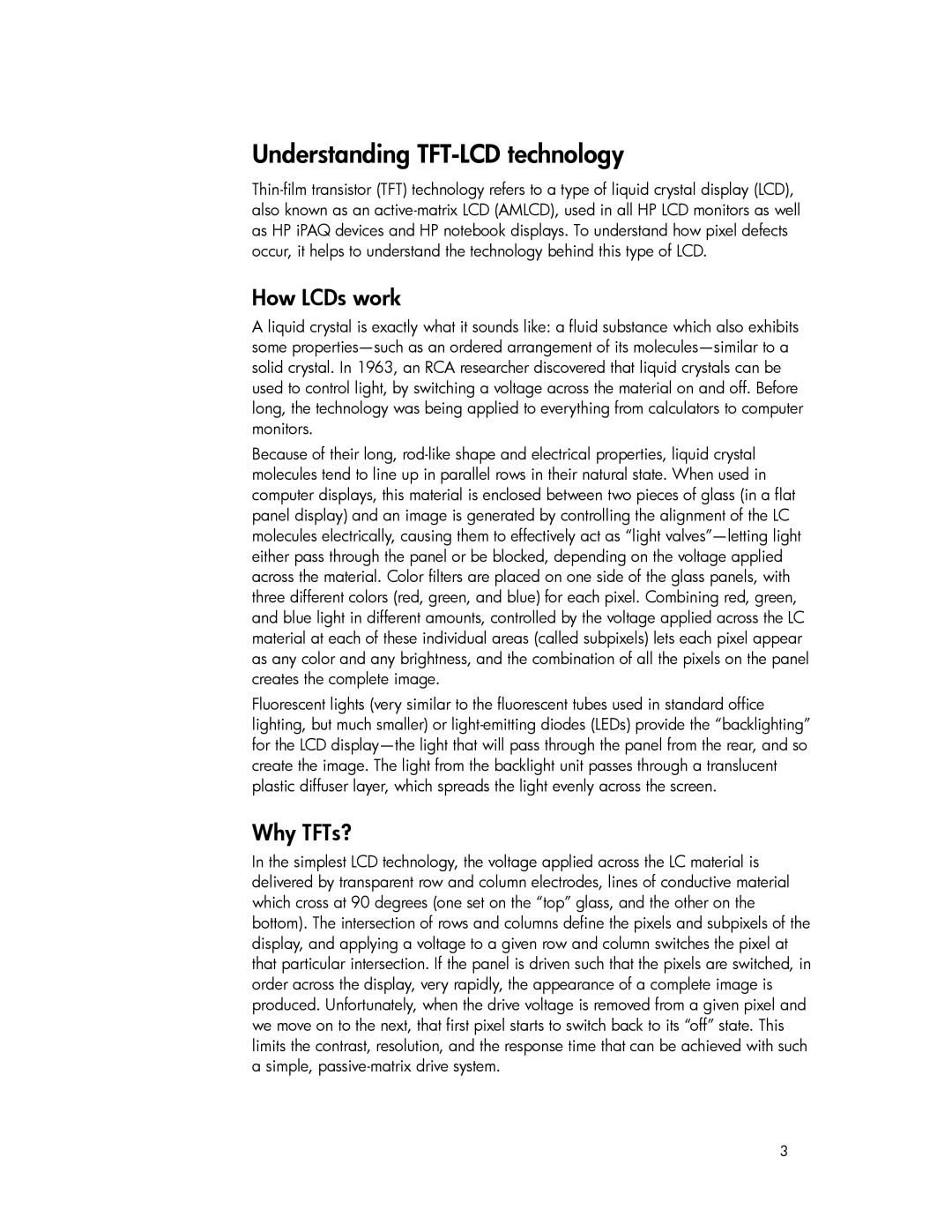 HP w19 19-inch manual Understanding TFT-LCD technology, How LCDs work, Why TFTs? 