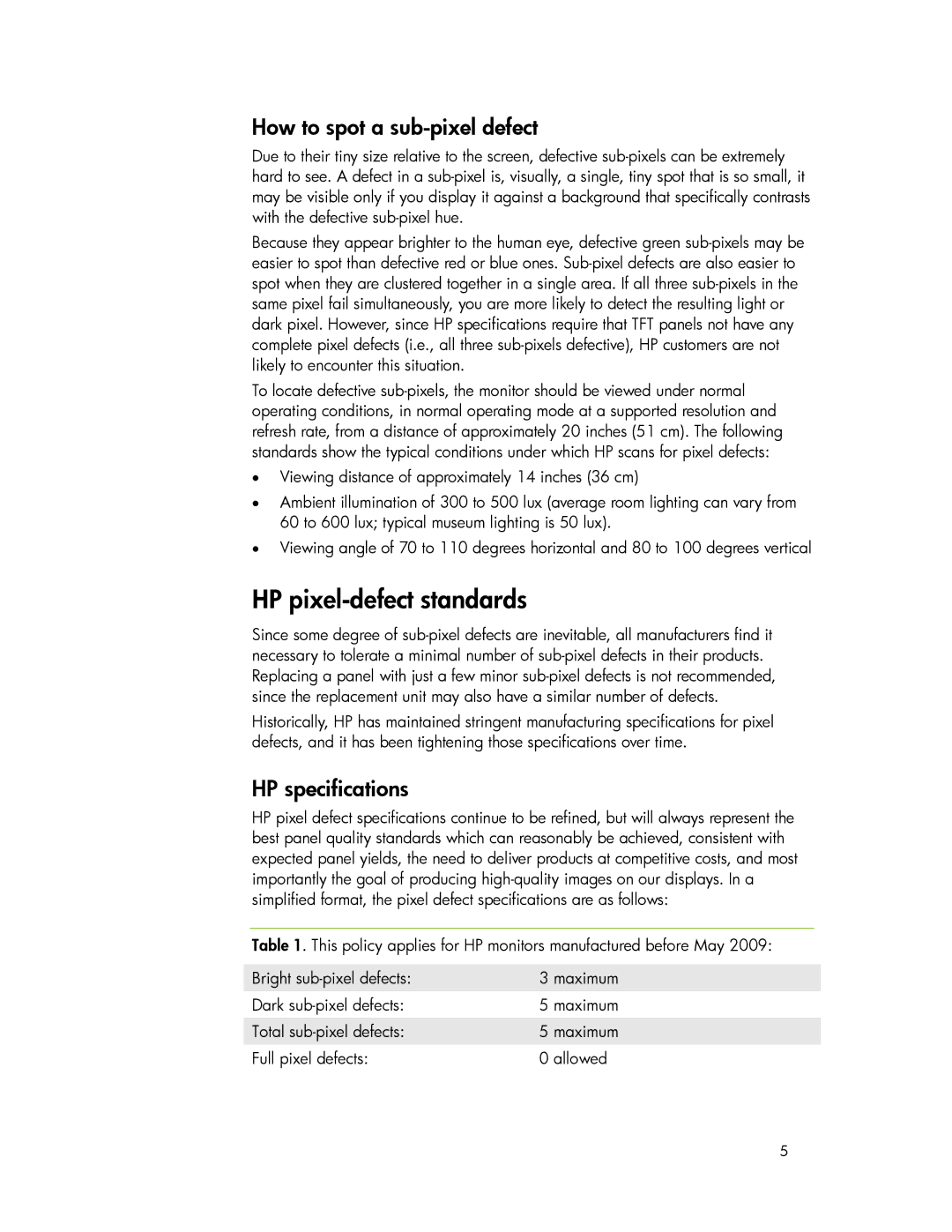 HP w19 19-inch manual HP pixel-defect standards, How to spot a sub-pixel defect, HP specifications 