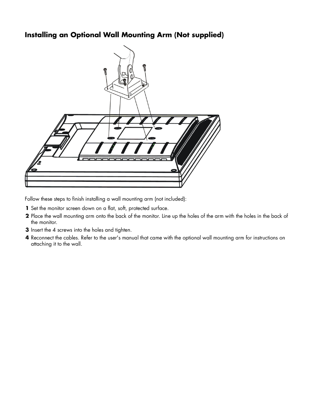 HP w19 19 inch manual Installing an Optional Wall Mounting Arm Not supplied 