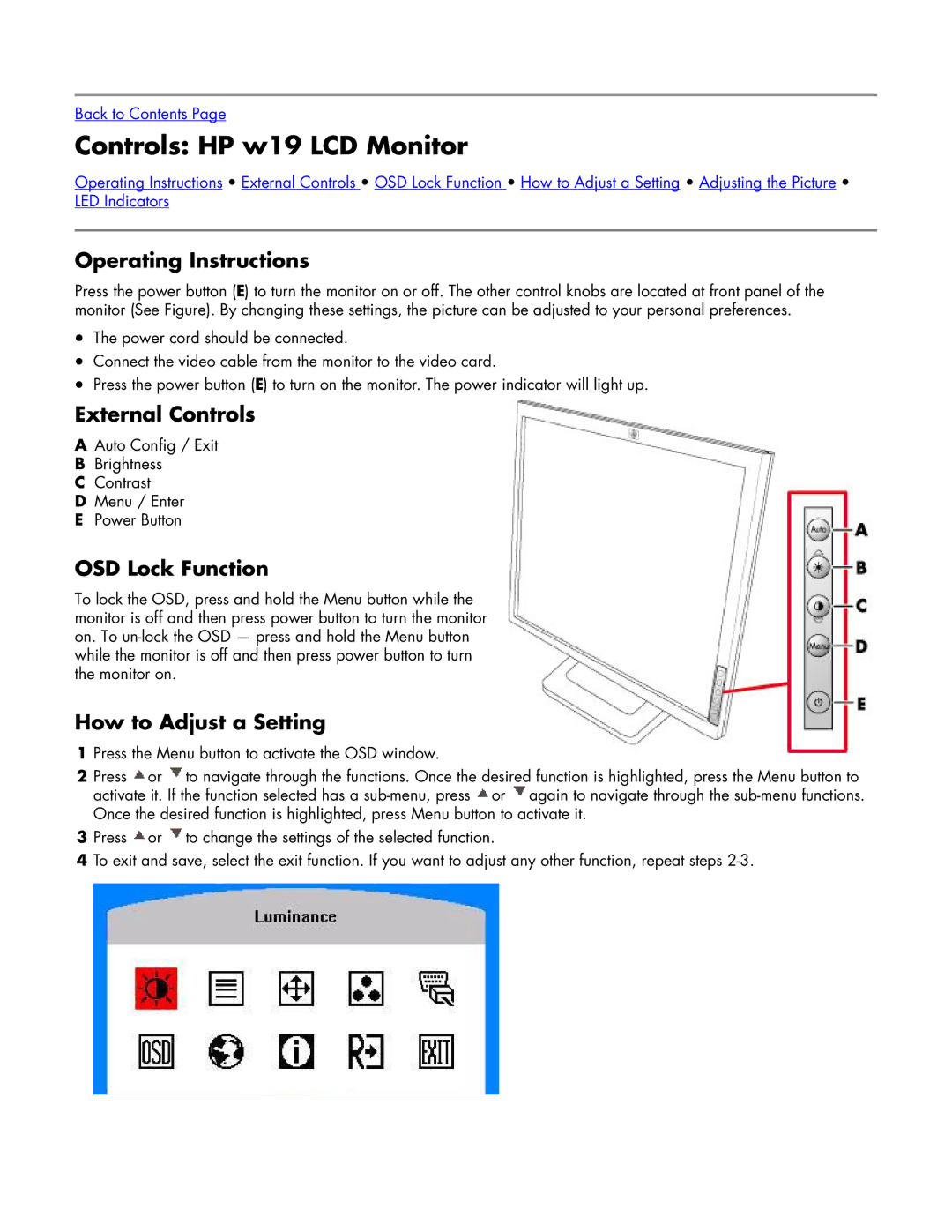 HP w19 19 inch manual Controls HP w19 LCD Monitor, Operating Instructions, External Controls, OSD Lock Function 