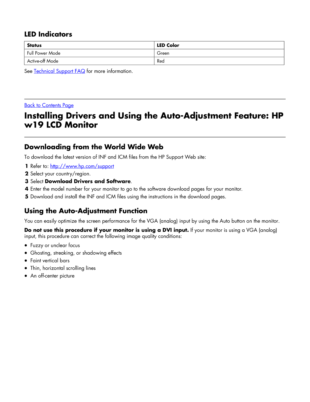 HP w19 19 inch LED Indicators, Downloading from the World Wide Web, Using the Auto-Adjustment Function, Status, LED Color 