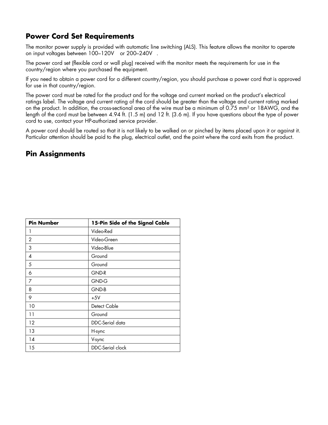 HP w19 19 inch manual Power Cord Set Requirements, Pin Assignments, Pin Number Pin Side of the Signal Cable 