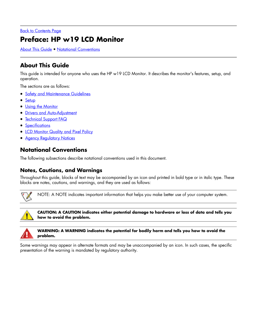 HP w19 19 inch manual Preface HP w19 LCD Monitor, About This Guide, Notational Conventions 