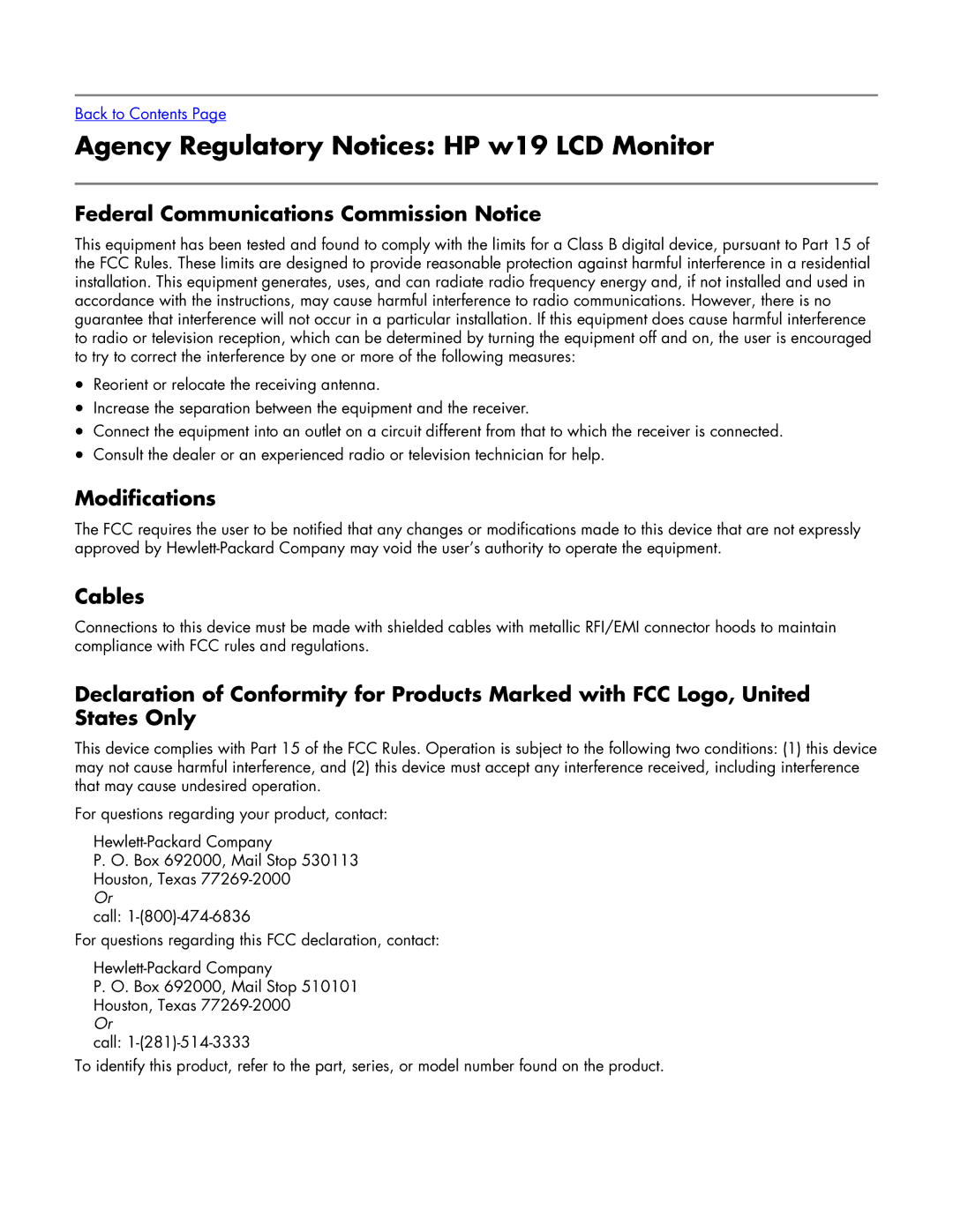 HP w19 19 inch manual Agency Regulatory Notices HP w19 LCD Monitor, Federal Communications Commission Notice, Modifications 