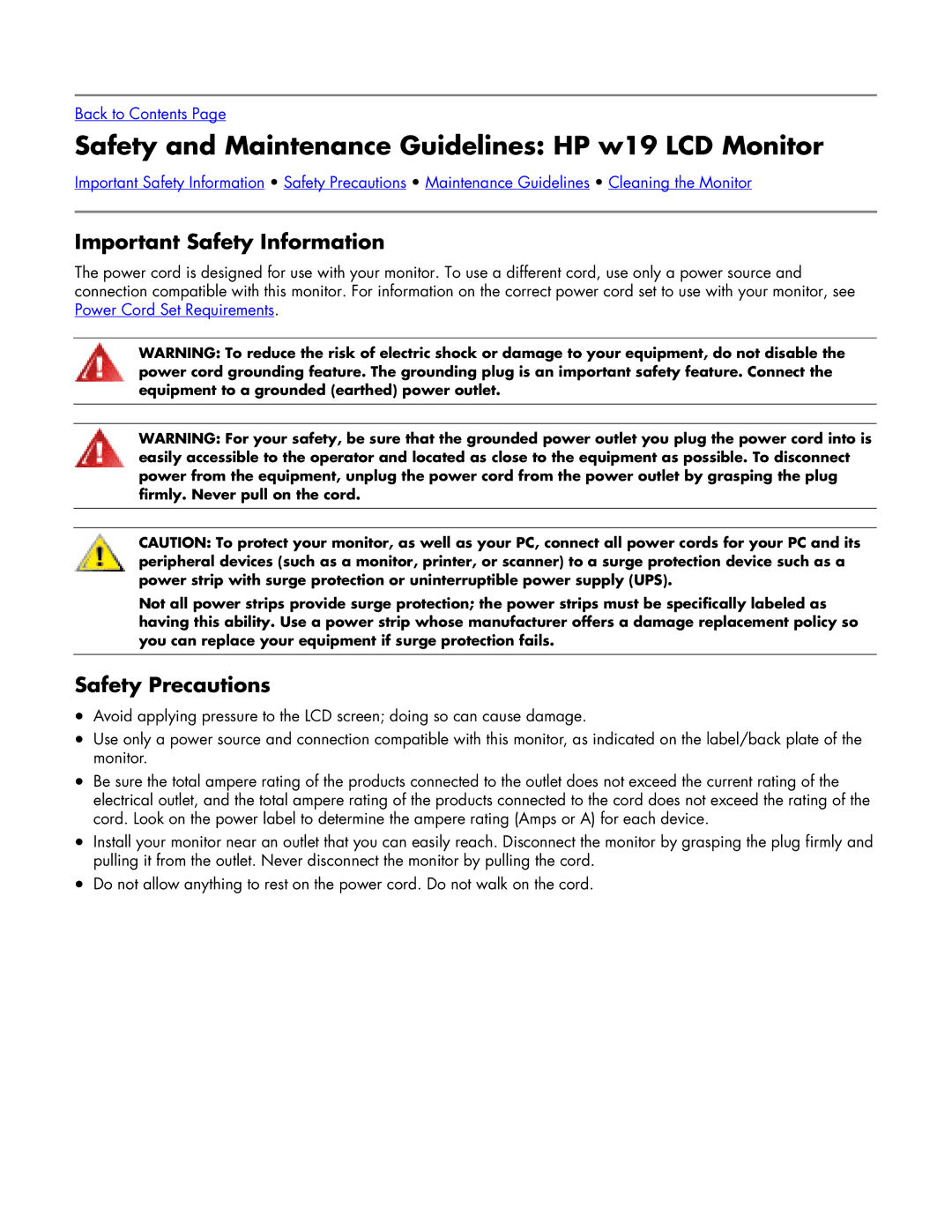 HP w19 19 inch Safety and Maintenance Guidelines HP w19 LCD Monitor, Important Safety Information, Safety Precautions 