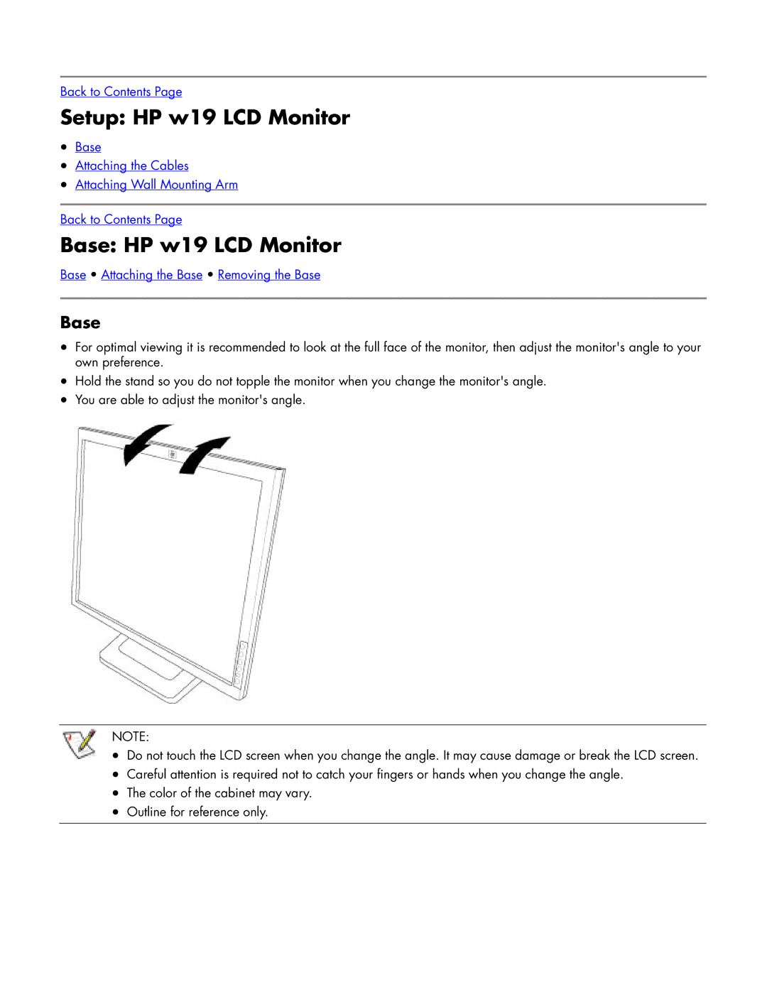 HP w19 19 inch manual Setup HP w19 LCD Monitor, Base HP w19 LCD Monitor 