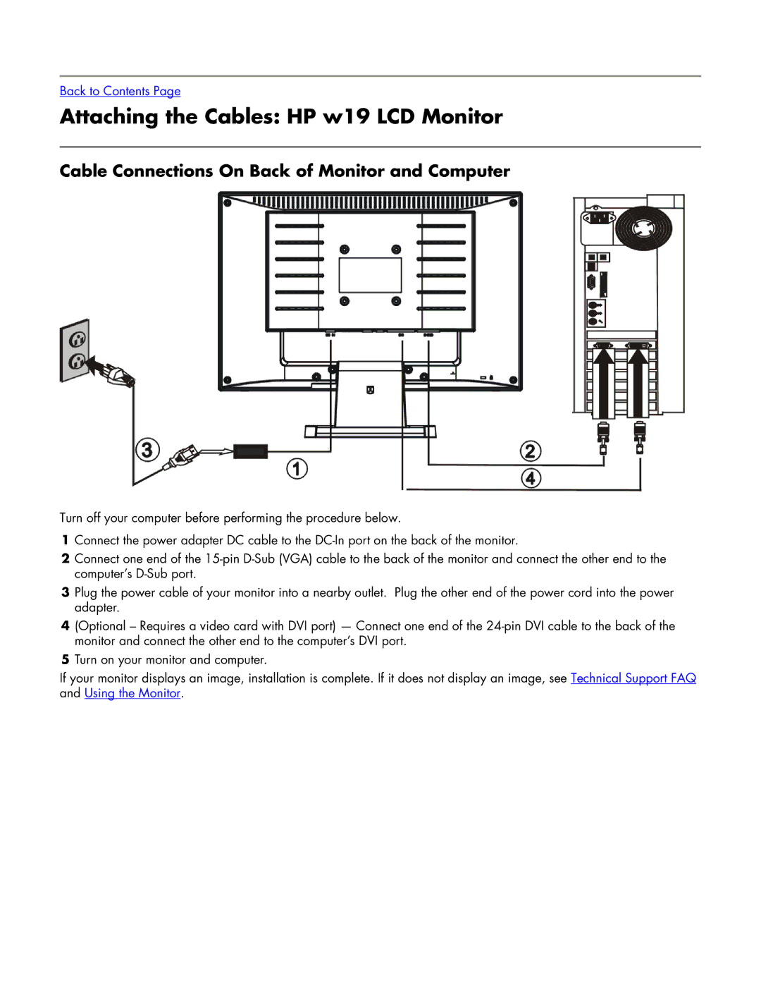 HP w19 19 inch manual Attaching the Cables HP w19 LCD Monitor, Cable Connections On Back of Monitor and Computer 