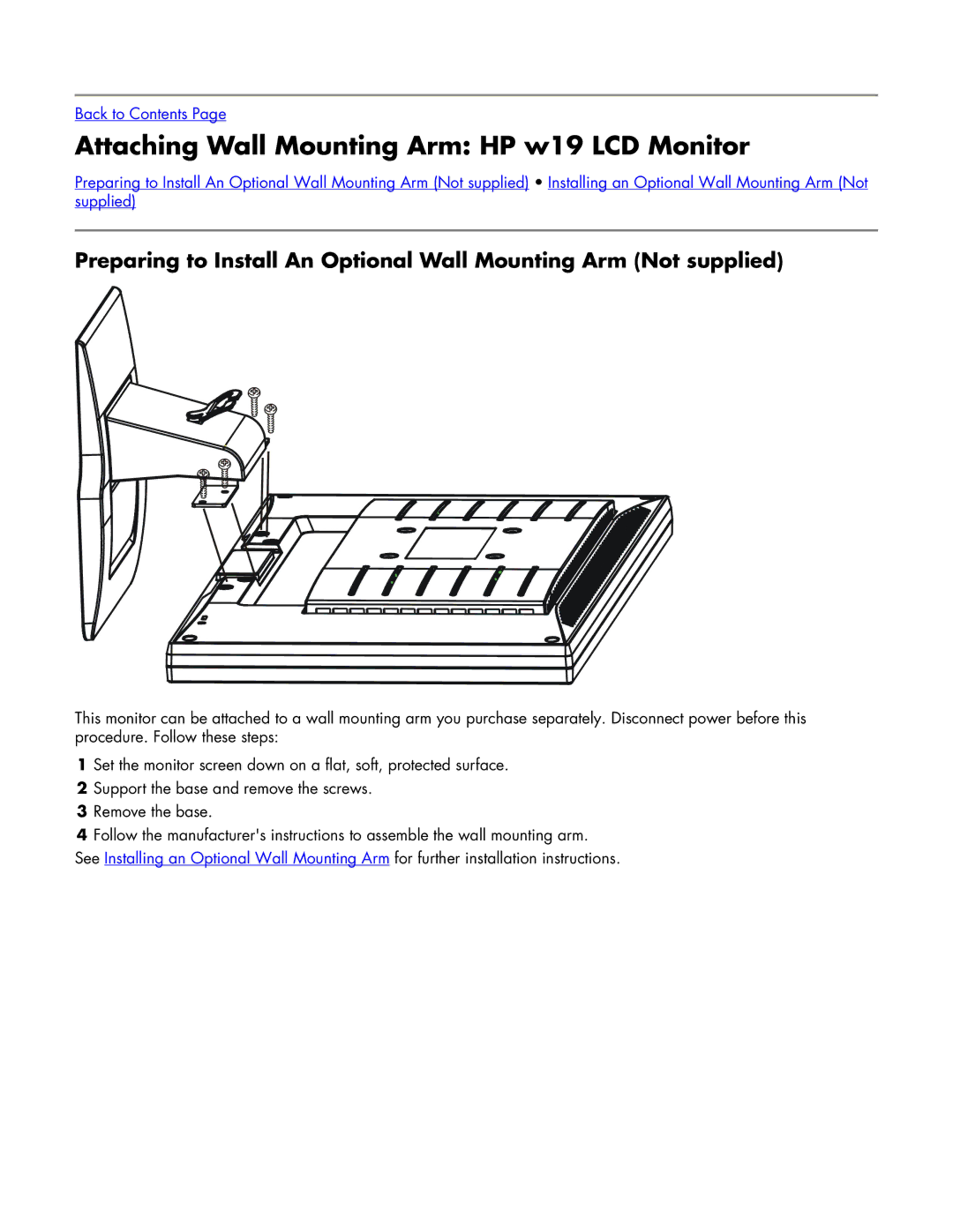 HP w19 19 inch manual Attaching Wall Mounting Arm HP w19 LCD Monitor 