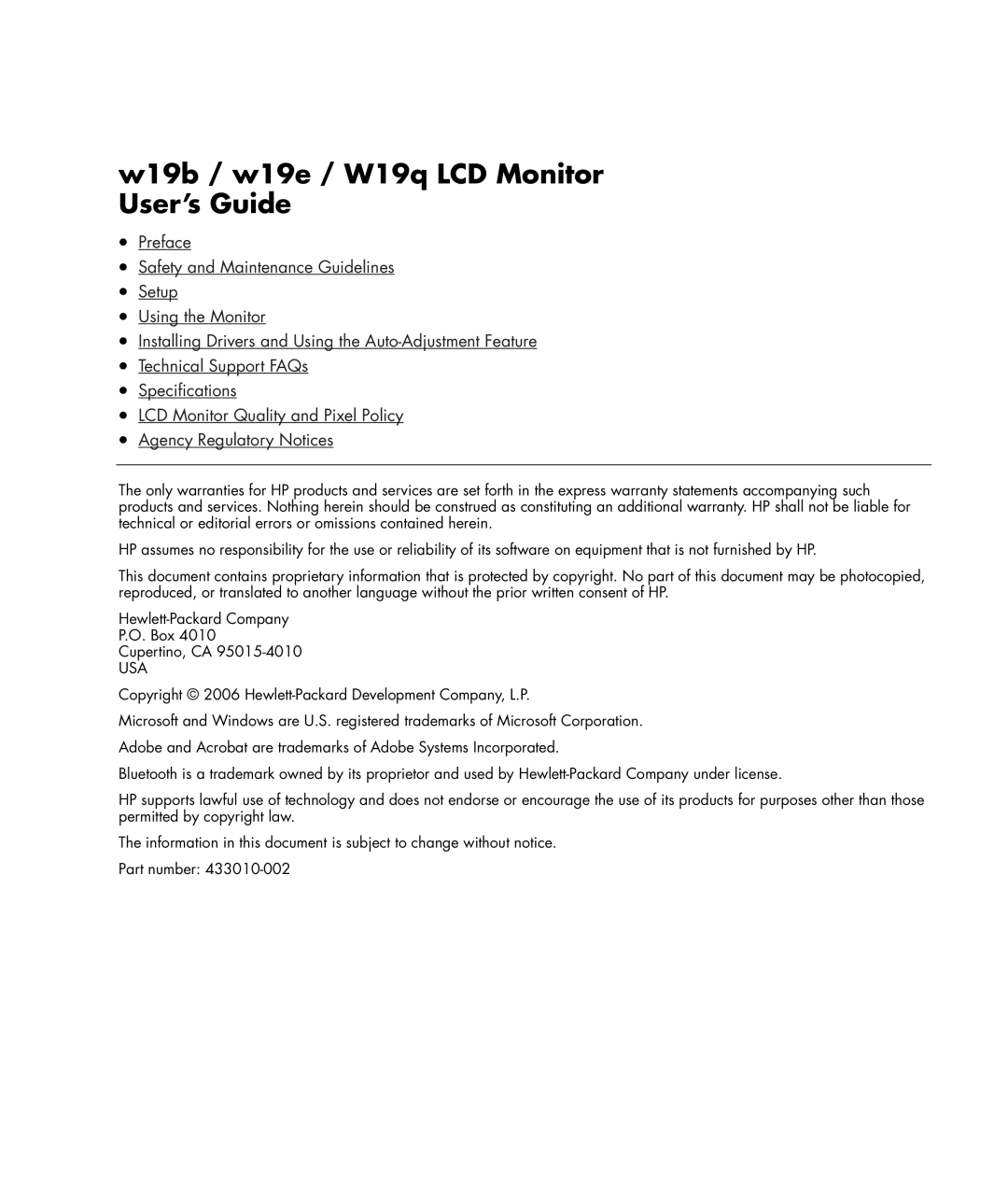 HP w19b 19 inch, w19e 19 inch manual W19b / w19e / W19q LCD Monitor User’s Guide, Usa 