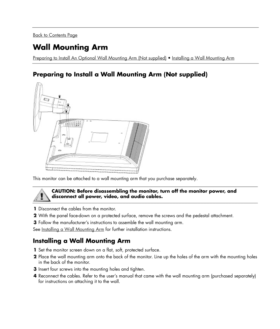 HP w19b 19 inch, w19e 19 inch Preparing to Install a Wall Mounting Arm Not supplied, Installing a Wall Mounting Arm 