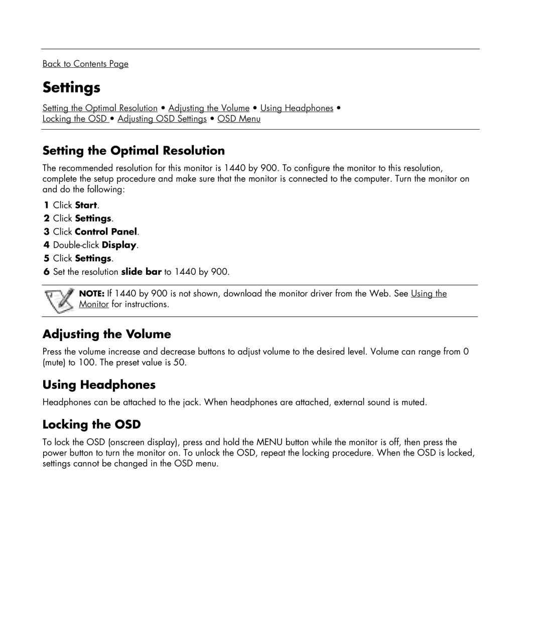 HP w19e 19 inch manual Settings, Setting the Optimal Resolution, Adjusting the Volume, Using Headphones, Locking the OSD 