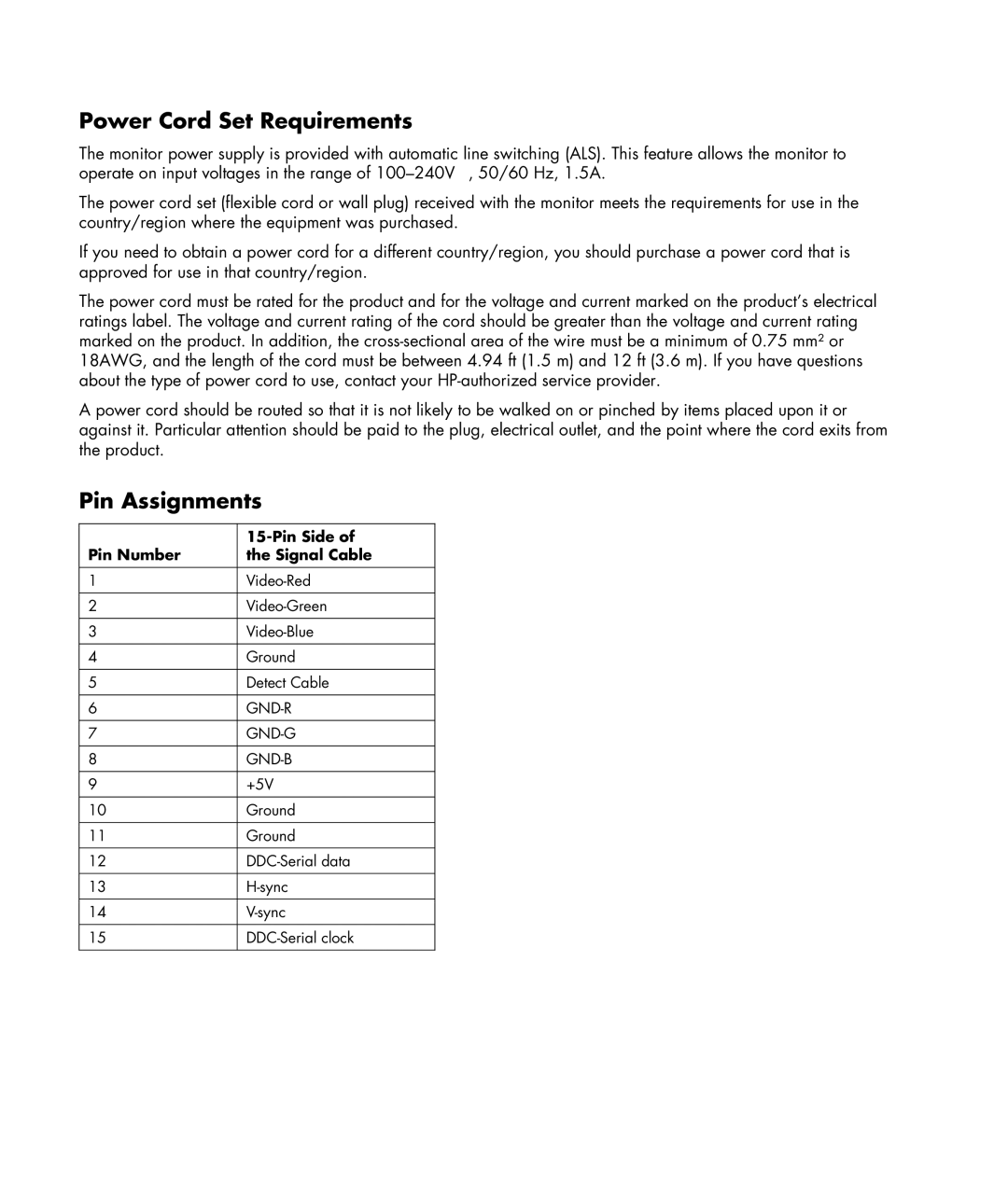 HP w19e 19 inch, w19b 19 inch manual Power Cord Set Requirements, Pin Assignments 