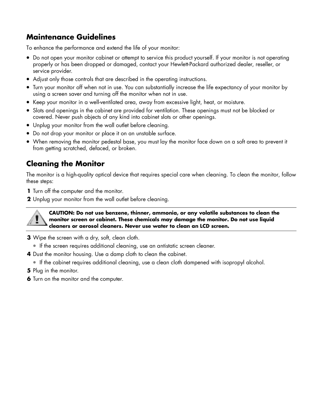 HP w19e 19 inch, w19b 19 inch manual Maintenance Guidelines, Cleaning the Monitor 