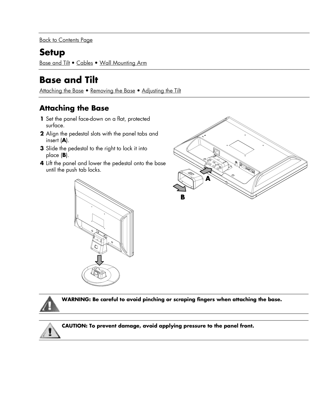 HP w19b 19 inch, w19e 19 inch manual Setup, Base and Tilt, Attaching the Base 