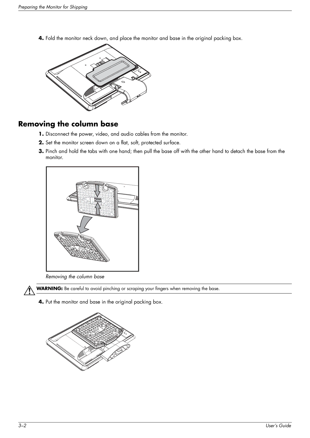 HP w2007, w2207, vp19, WF1907 manual Removing the column base 