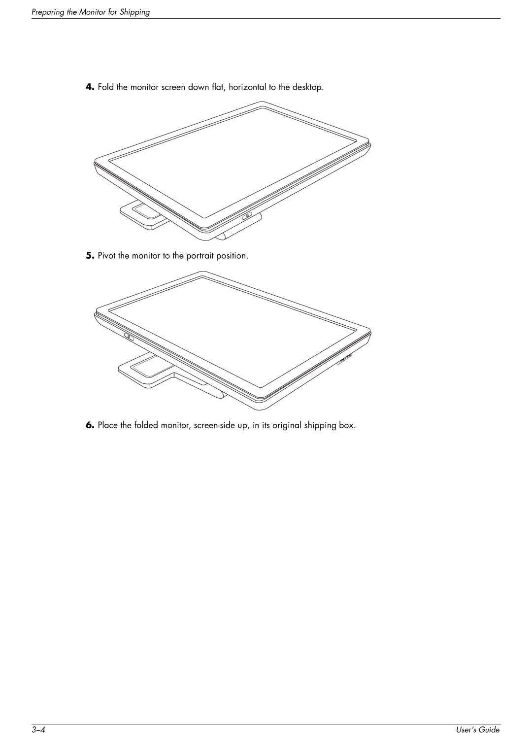 HP vp19, w2007, w2207, WF1907 manual Preparing the Monitor for Shipping 