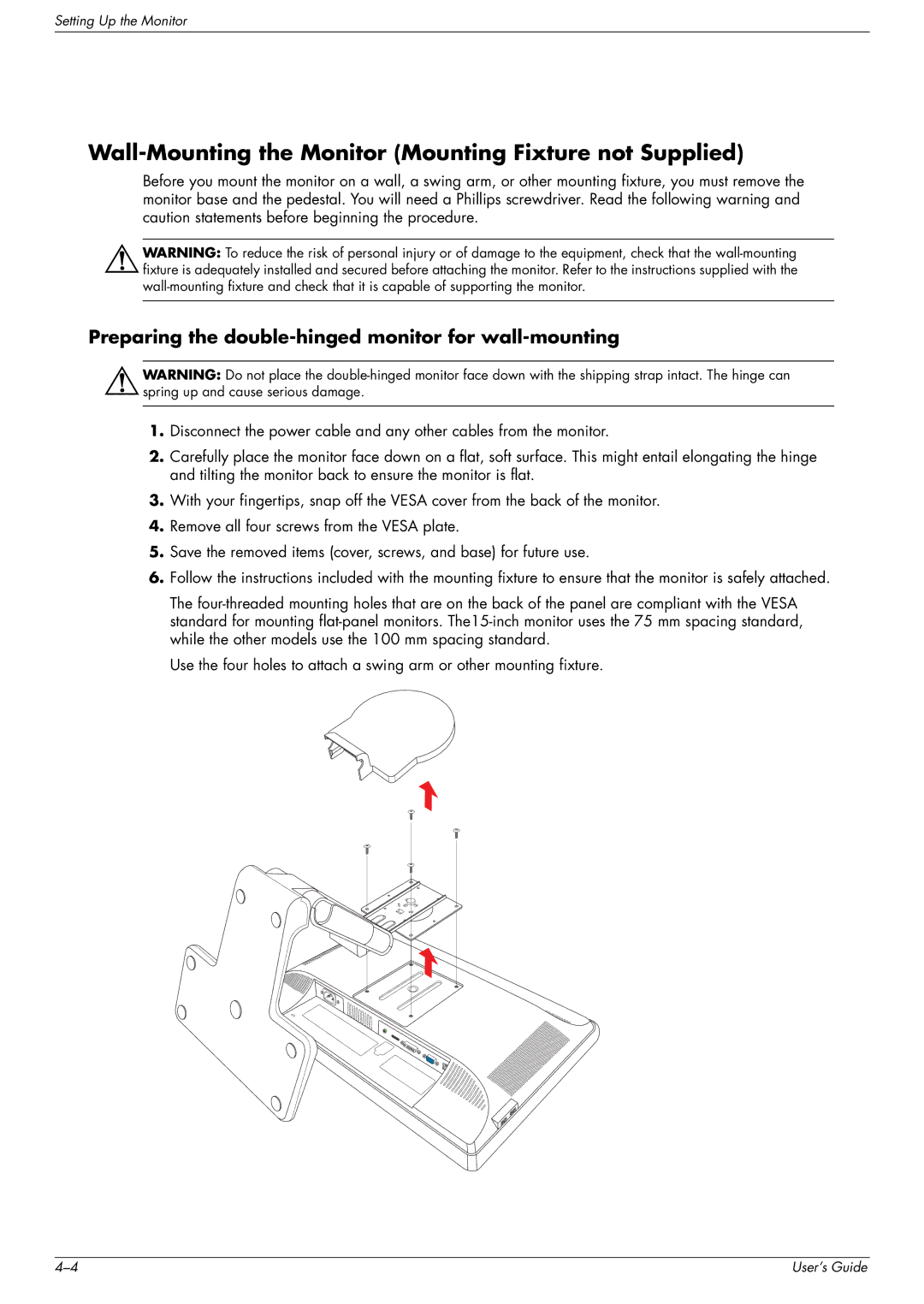 HP vp19 Wall-Mounting the Monitor Mounting Fixture not Supplied, Preparing the double-hinged monitor for wall-mounting 