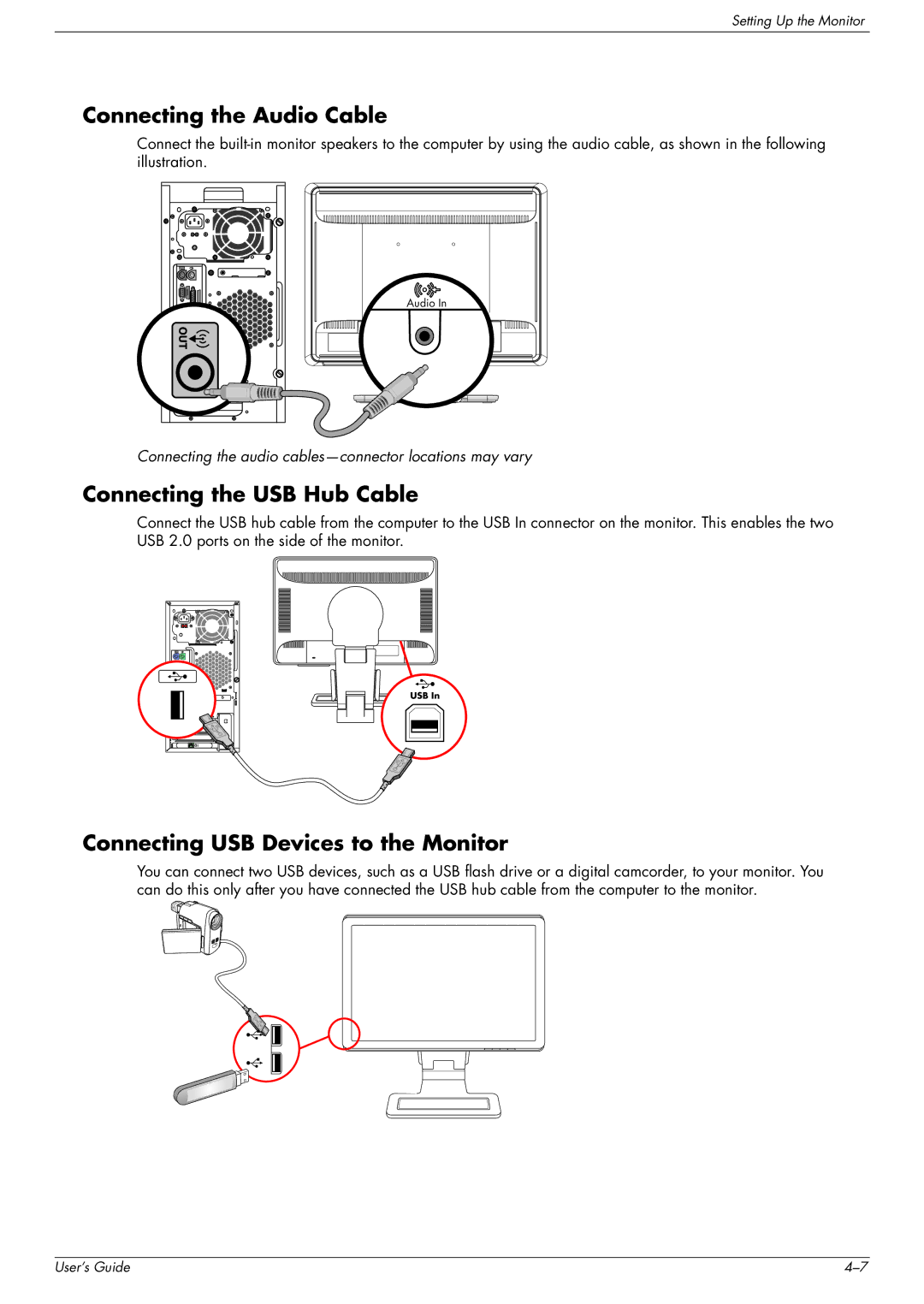 HP w2207, w2007, vp19 manual Connecting the Audio Cable, Connecting the USB Hub Cable, Connecting USB Devices to the Monitor 