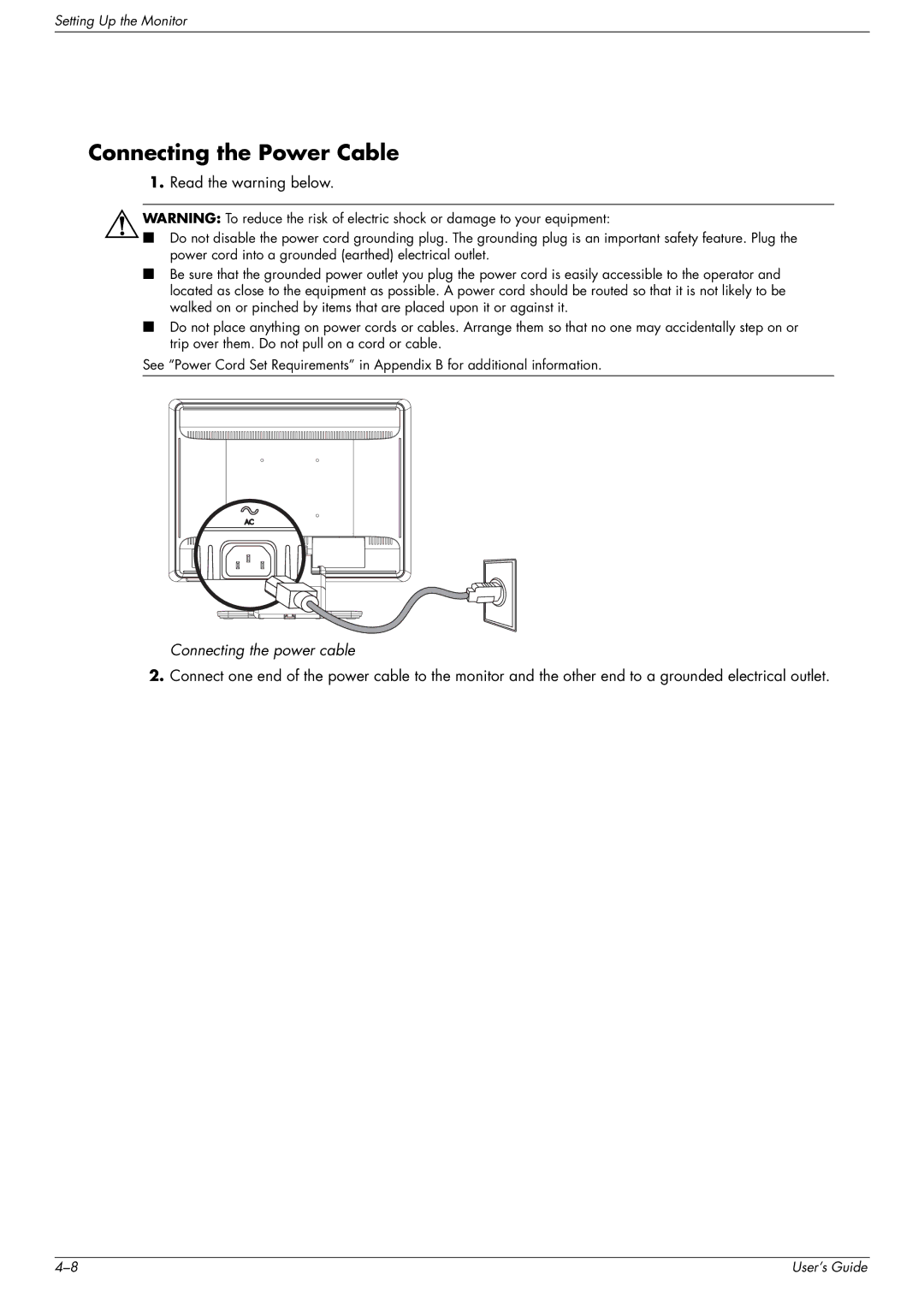 HP vp19, w2007, w2207, WF1907 manual Connecting the Power Cable, Read the warning below 