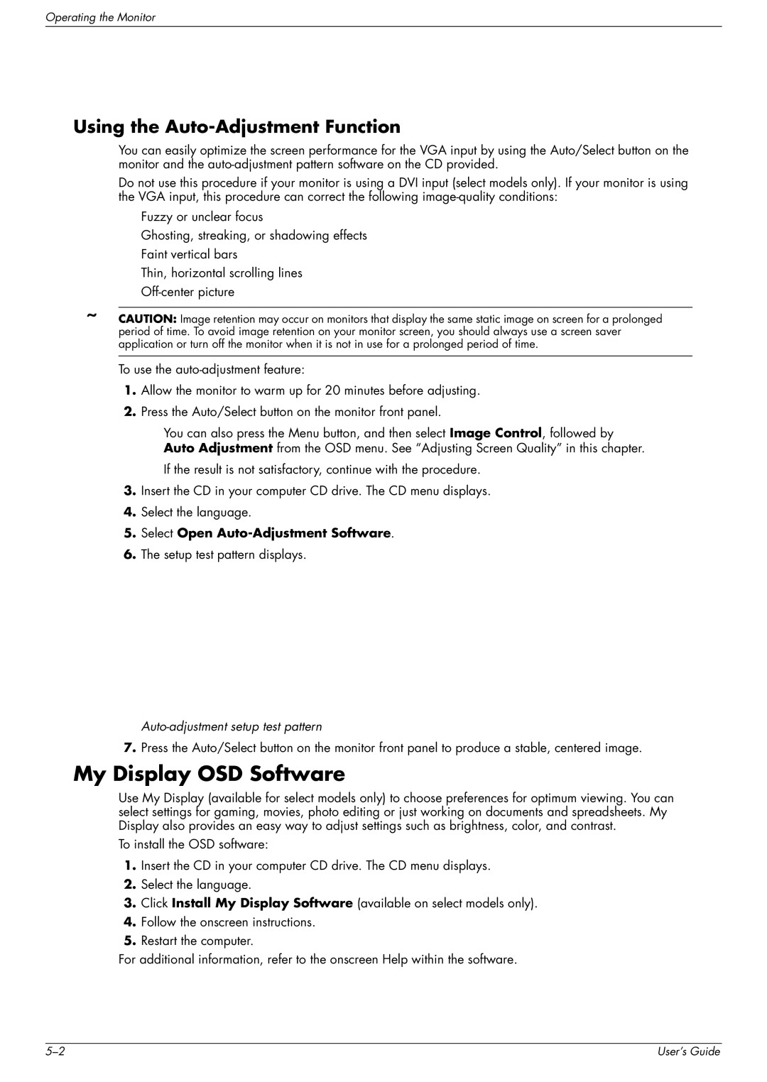 HP vp19, w2007, w2207, WF1907 manual My Display OSD Software, Using the Auto-Adjustment Function 