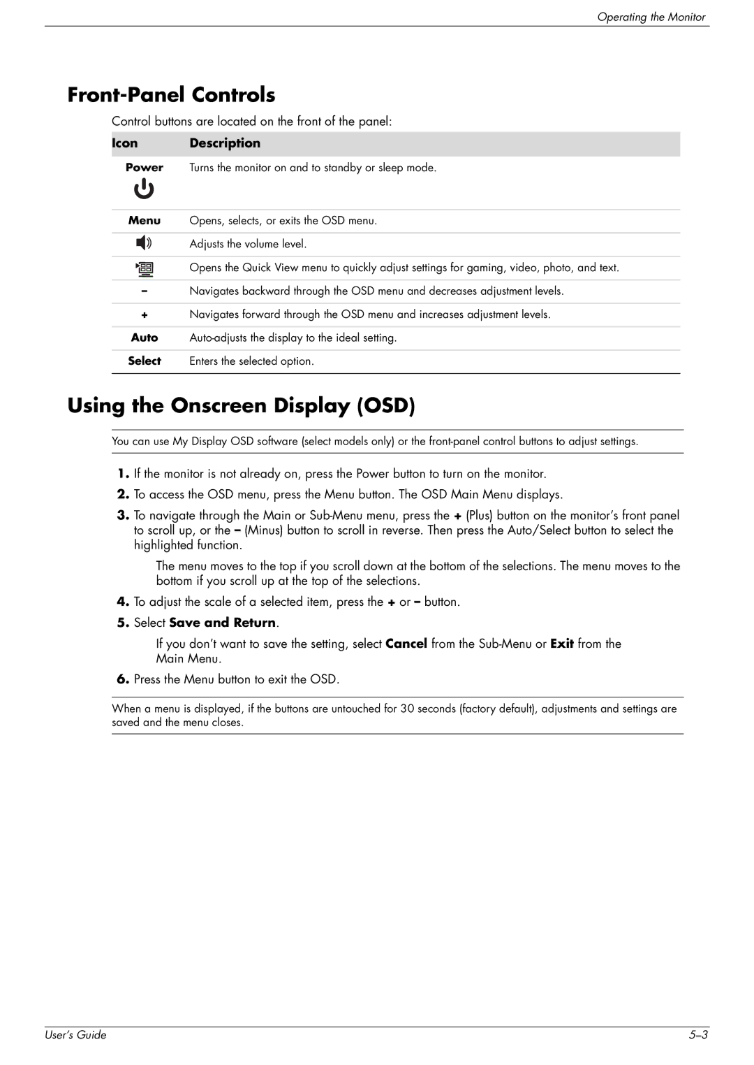 HP WF1907, w2007, w2207, vp19 manual Front-Panel Controls, Using the Onscreen Display OSD 